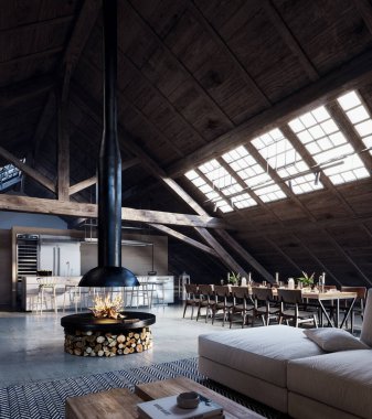 Ortalarda şöminesi olan modern dağ evi tasarımı, 3D Görüntü