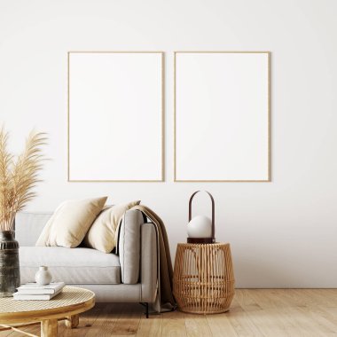 Kuru bitki süslemesi ve boş beyaz resim çerçeveleri ile doğal renklerde modern oturma odasının iç tasarımı 3D görüntüleme, 3D