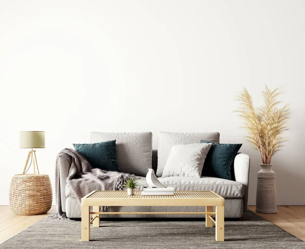 Modern Interieur Van Woonkamer Natuurlijke Kleuren Met Droge Planten Decoratie — Stockfoto