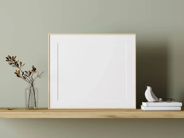 Empty White Mock Picture Frame Wooden Shelf Green Plant Decoration — Stock Photo, Image