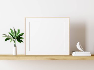 Boş beyaz resim çerçevesi ahşap rafta yeşil bitki süslemesi 3D resim, 3D resim