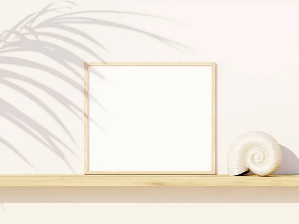 Empty White Mock Picture Frame Wooden Shelf Seashell Palm Tree — Stock Photo, Image