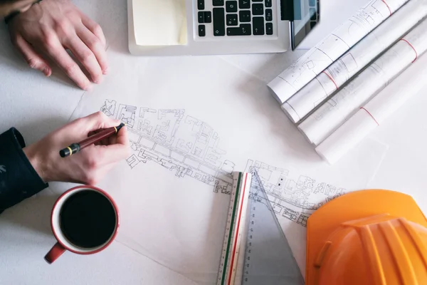 Mimar mimari proje üzerinde çizim Üstten Görünüm