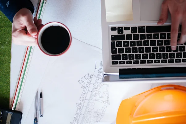 Architect working on blueprint. Architects workplace - architect — Stock Photo, Image