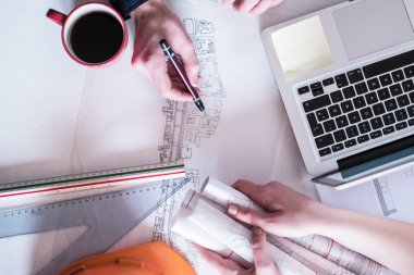 Mimar mimari proje üzerinde çizim Üstten Görünüm