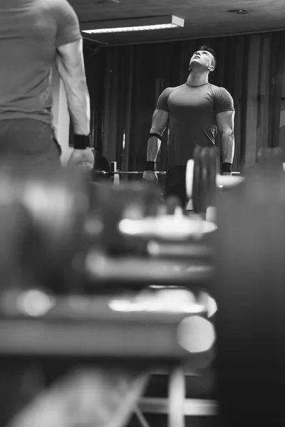 Schöner Mann im Fitnessstudio, der schwere Freigewichte stemmt — Stockfoto