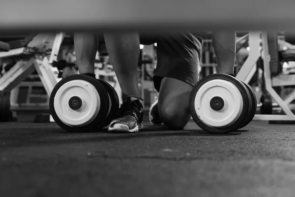 Mancuernas deportivas en el club deportivo. Equipo de entrenamiento con pesas — Foto de Stock