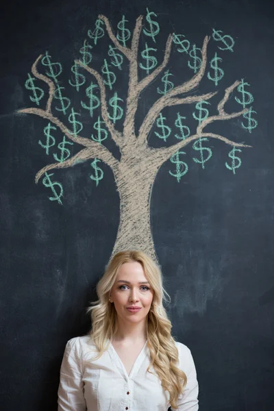 Happy blonde Business woman in front of chalk money tree drawing — Stock Photo, Image