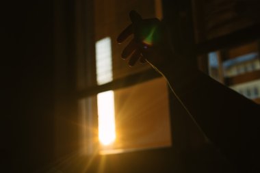 Elinde reddedin. Bir gün batımı kaldırdı dişi bir arka plan üzerinde 