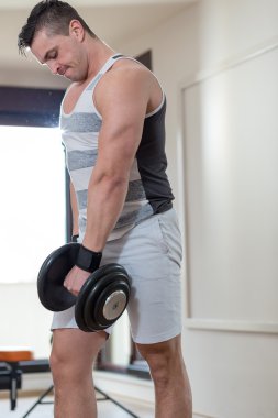 pazı - dumbbell konsantrasyon bukleler çalışan genç adam