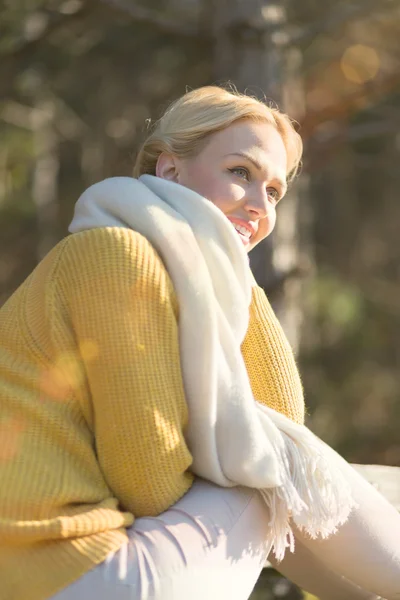 Portret młodej kobiety piękne w jesień sweter. Blondynka gir — Zdjęcie stockowe