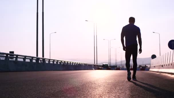 Mann geht bei Sonnenuntergang spazieren — Stockvideo