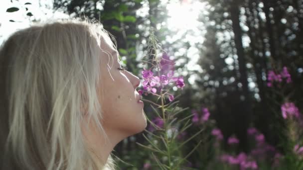 Hermosa chica rubia en la naturaleza — Vídeos de Stock