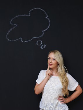 Düşünce balonu blackboard / kara tahta. Tebeşir ile siyah kara tahta çizim düşünce balonu