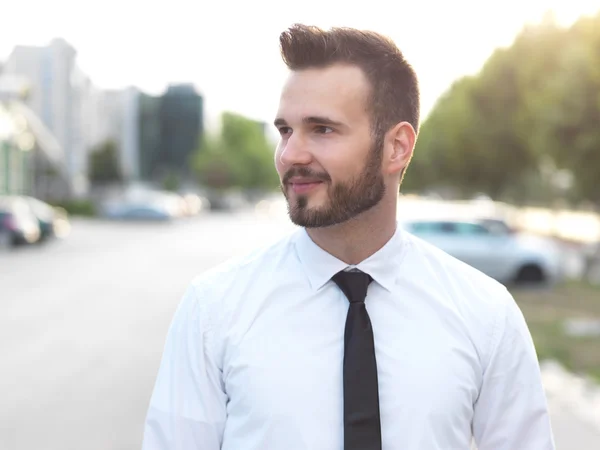 Amistoso y sonriente hombre de negocios guapo mirando con confianza — Foto de Stock