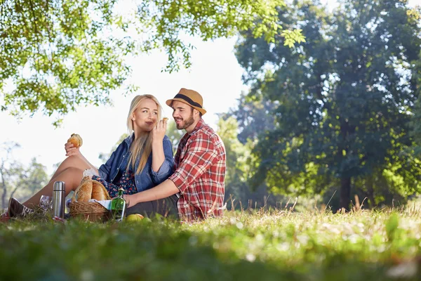 Mooie jonge paar picknick in het platteland hebben. Gelukkige familie — Stockfoto