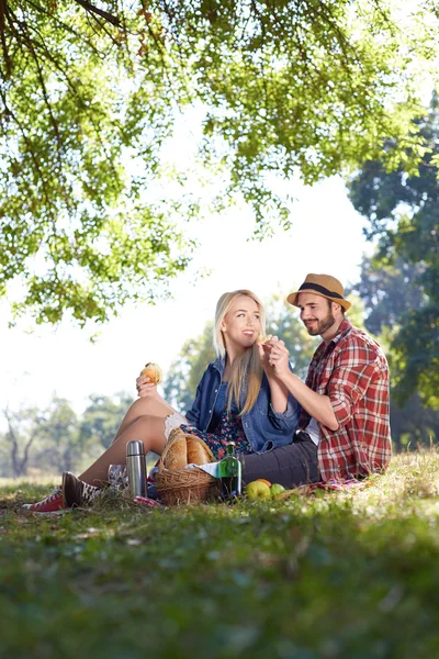 Schönes junges Paar beim Picknick in der Natur. glückliche Familie — Stockfoto