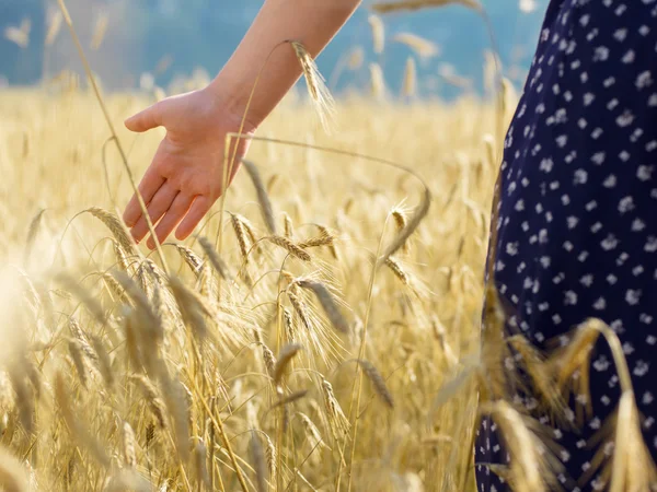 Portrait of romantic woman running across field — Stok Foto