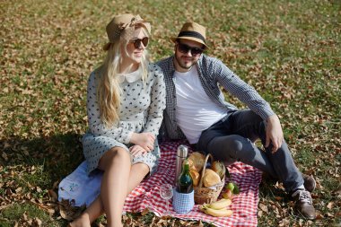 Kırsal kesimde piknik güzel genç bir çift. Mutlu bir aile