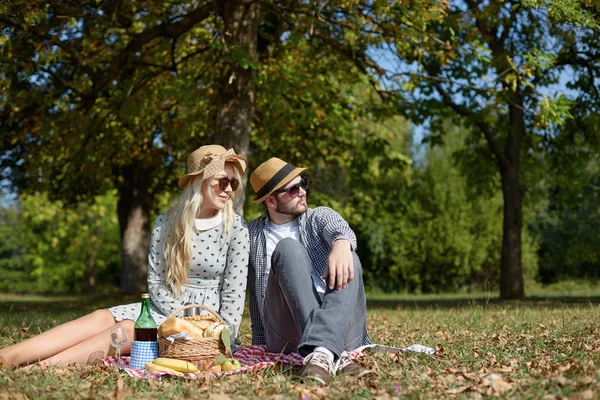 Красива молода пара має пікнік у сільській місцевості. Щаслива сім'я — стокове фото