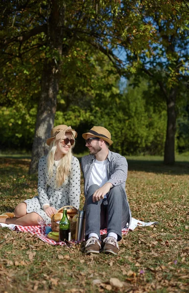 Hermosa pareja joven de picnic en el campo. Familia feliz — Foto de Stock