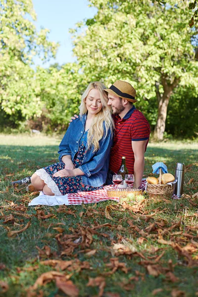 Mooie jonge paar picknick in het platteland hebben. Gelukkige familie — Stockfoto