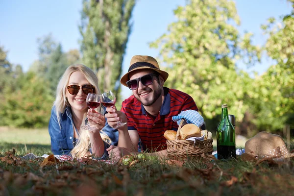 Smukke unge par, der har picnic i landet. Lykkelig familie - Stock-foto