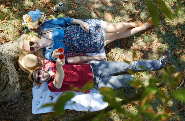 Hermosa pareja joven de picnic en el campo. Familia feliz — Foto de Stock