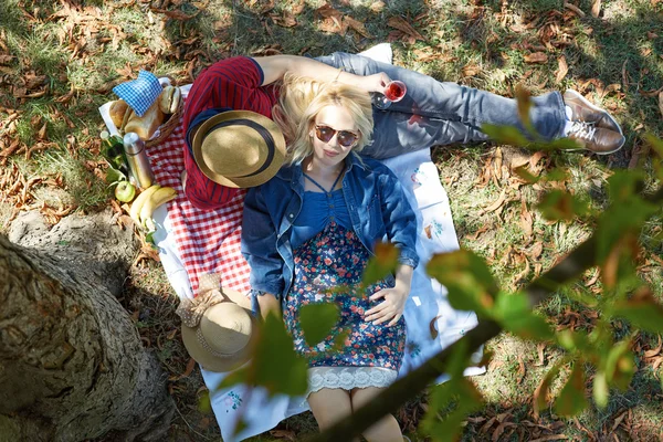 Kırsal kesimde piknik güzel genç bir çift. Mutlu bir aile