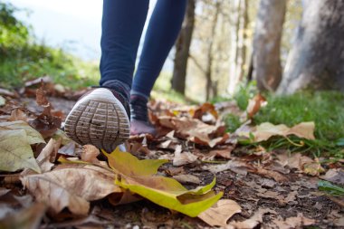 f eğitim sonbahar yaprakları içinde çalışan bir atlet ayak yakın çekim
