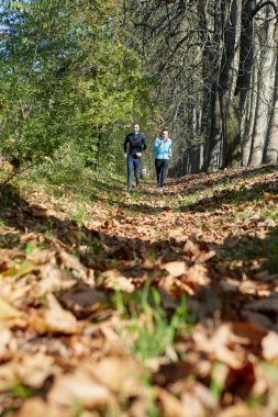 Genç çift birlikte parkta - çalışan doğa düşmek