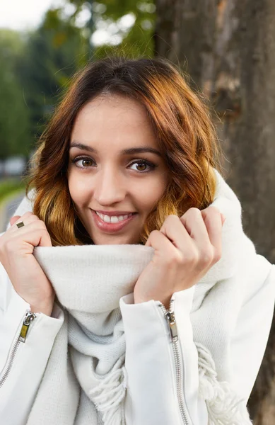 Porträt einer fröhlichen jungen Frau mit Herbstblättern vor dem — Stockfoto