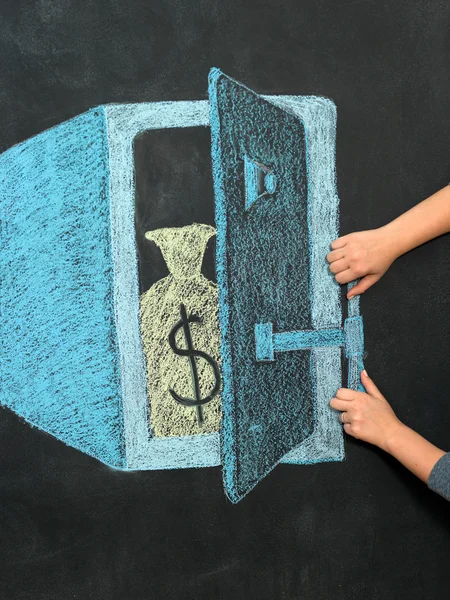 Illustrazione di cassaforte con denaro sulla lavagna — Foto Stock