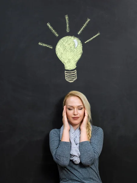 Begreppet idén. en kvinna och en glödlampa som dras i krita på en svart — Stockfoto