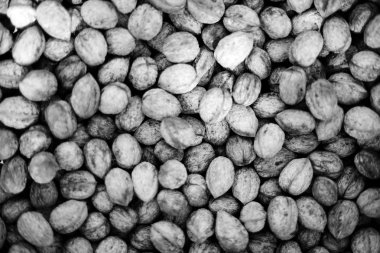 Ceviz arka plan, dağınık ceviz yığını.