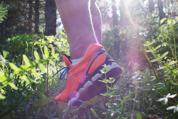 Close up of man walking on nature trail near forest preserve. Co — Stock Photo, Image