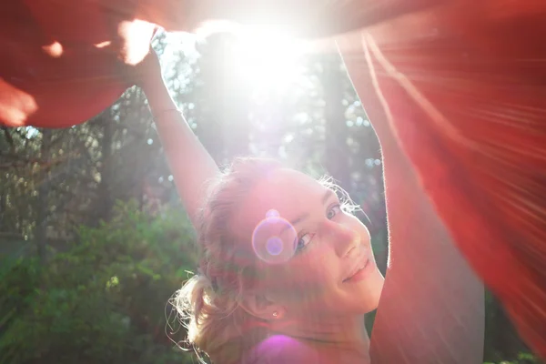 Women with fabric on sunset. instagram tone, retro tone — Stock Photo, Image