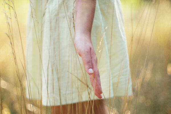 Hand in a field, soft focus , selective focus