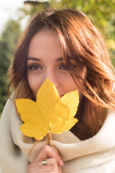 Őszi modell, fényes alkotják. nő a háttérben őszi táj — Stock Fotó