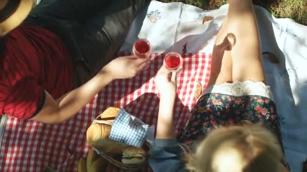 Piknik koncepció egészséges vegetáriánus pár-kültéri parkban — Stock videók