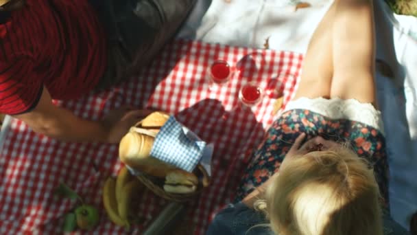 Concepto de picnic con pareja vegetariana saludable en el parque al aire libre — Vídeos de Stock