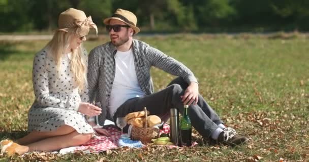 Picnic concept with vegetarian couple in park outdoor — Stock Video