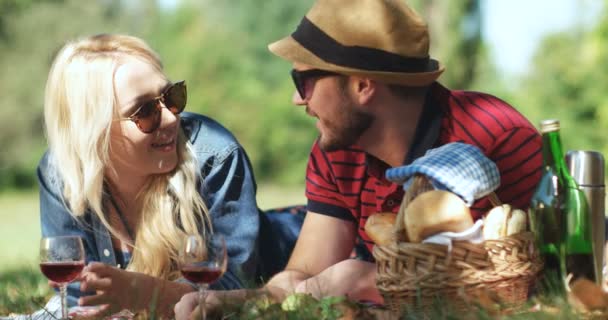 Conceito de piquenique com casal vegetariano no parque ao ar livre — Vídeo de Stock