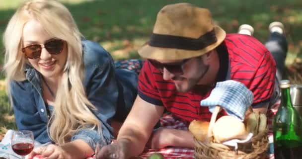 Conceito de piquenique com casal vegetariano no parque ao ar livre — Vídeo de Stock