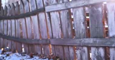 Eski püskü ahşap çit 4k video ile lens flare, güneşli kış günü