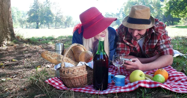 屋外の公園でベジタリアンのカップルのピクニック コンセプト — ストック写真