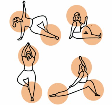 Yoga egzersizi yapan zayıf, sportif bir kadın grubu. Sağlıklı bir yaşam tarzı. Beyaz arka planda izole edilmiş çeşitli yoga pozisyonlarını gösteren kadın çizgi film karakterleri koleksiyonu