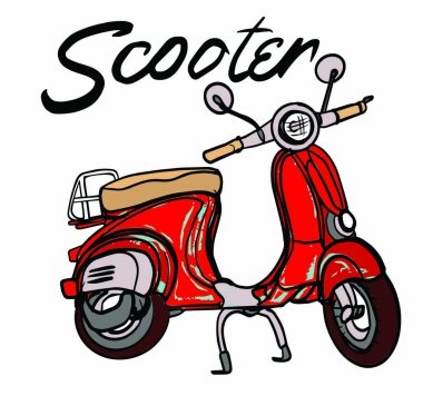 Motosiklet vektör çizimi. Benzin ya da elektrikli scooter tasarımı. Hafif motosiklet. Çizim vektör çizimi. Beyaz arka planda hüzünlü tasarım. İki tekerlekli otomobil. Şehir aracı.