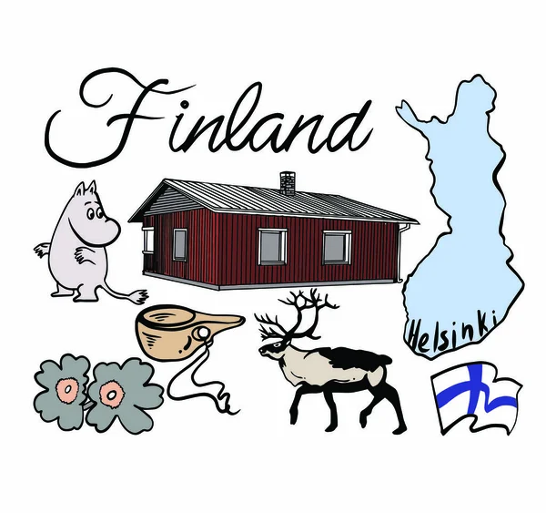 フィンランドセットベクトル サウナ マグカップ 地図の描画 — ストックベクタ