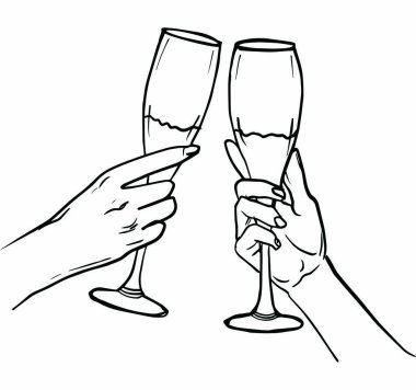 İki el şampanyayı tokuşturur. Mürekkep çizimi beyaz arkaplanda izole edildi. El çizimi vektör çizimi. Renkli Retro biçimi.